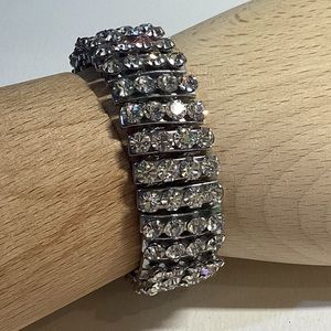 Vintage Three Row Rhinestone Sparkly Silver Tone Mechanical Stretch Bracelet